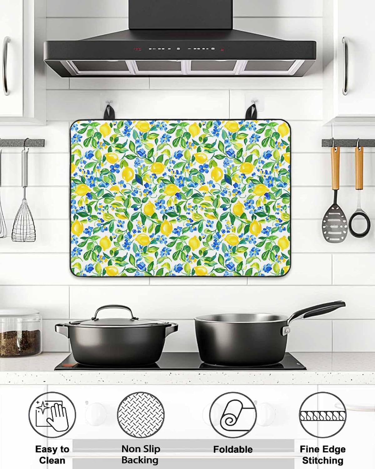 Stove Cover for Electric Stove 31x24 Inch Lemon Blue Floral Leaf Stove Top Cover Wildflowers Plant Glass Cooktop Covers Anti-Slip & Heat Resistant Countertop Protector Home Kitchen Decor