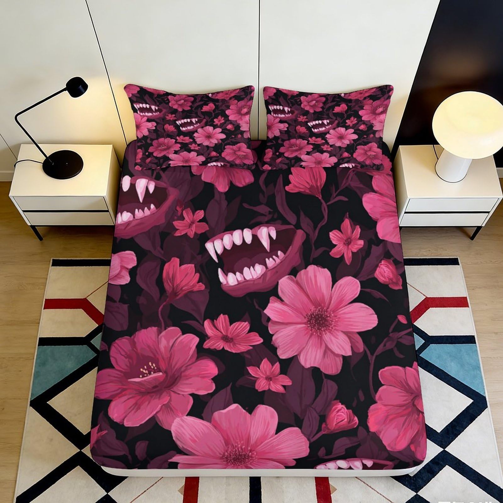 3D Printed Vampire Floral Fitted Sheet Microfiber Pink Gothic Flower Mattress Cover Bedroom Dorm Decor 90x200x25cm