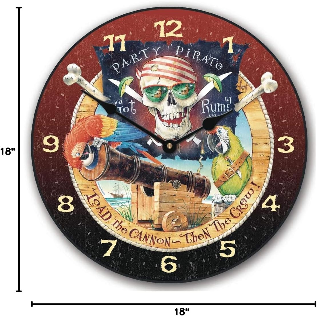 Pirate Party Wall Clock | Ultra Quiet Quartz Mechanism | Hand Made in USA Beautiful Crisp Lasting Color | Comes in 8 Sizes | 18-Inch