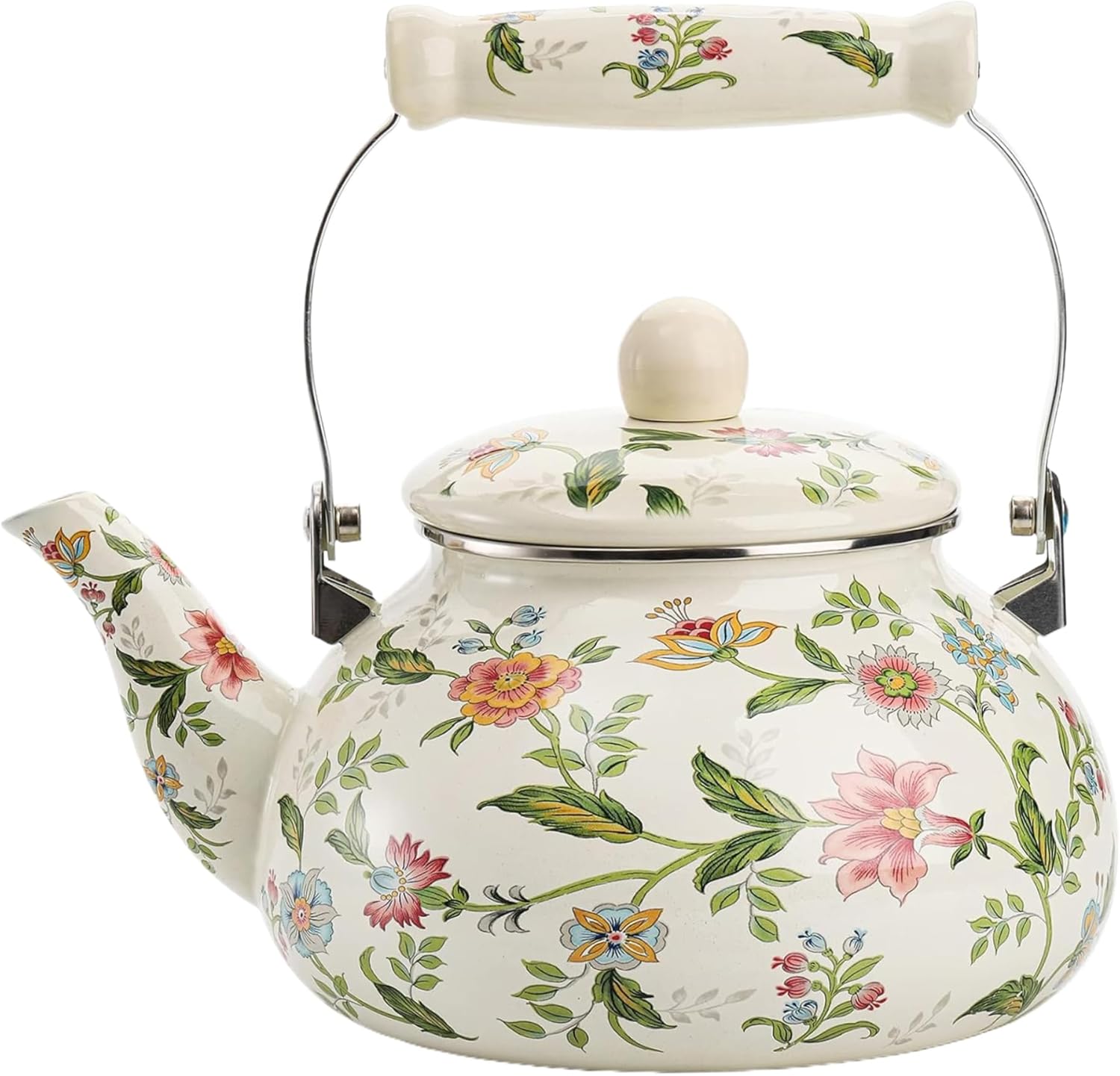 Enamel Tea Kettle, 2.6 Quart/2.5L Vintage Floral Cute Tea Kettle, Stovetop with Porcelain Handle for Home Kitchen Decor Christmas Housewarming Wedding