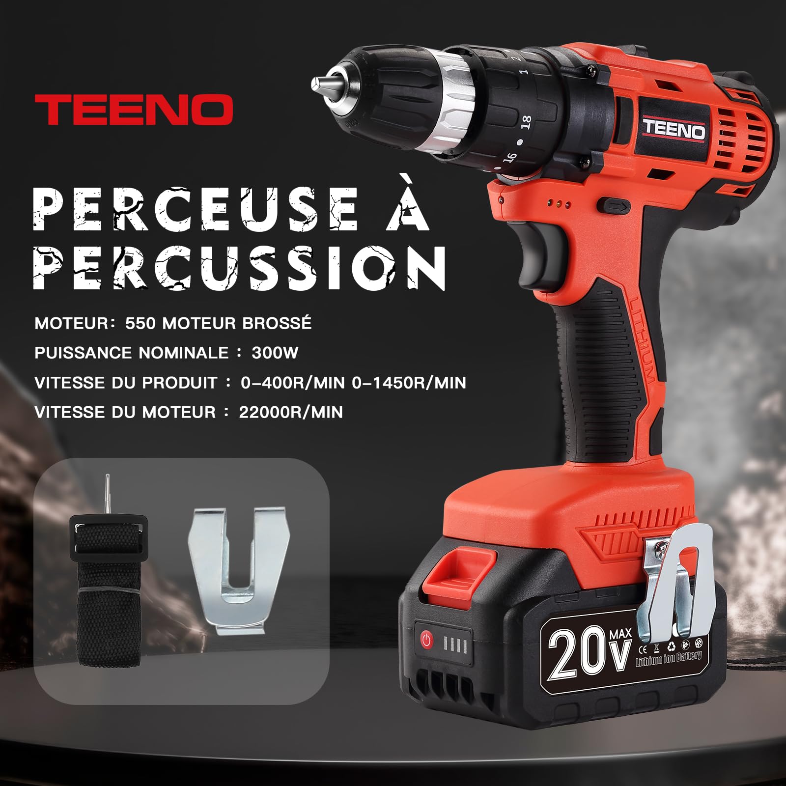 Kit d'outils TEENO 3 pièces (meuleuse d'angle sans balais + clé sans balais + perceuse à percussion) Batterie 20 volts 3 Ah*2, convient pour la voiture et la maison
