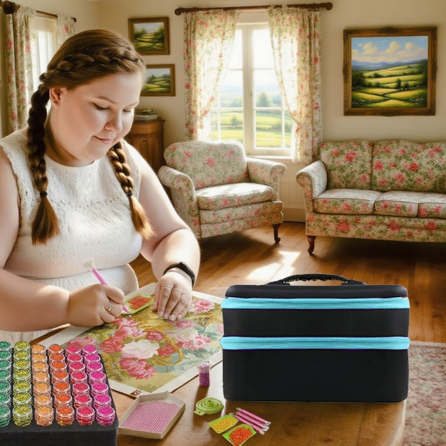 Borsa Portatile DIY per Diamond Painting in Blu con 240 Flaconi Organizzati - Scatola di Immagazzinaggio per Diamond Painting Accessori