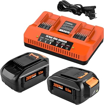 Powilling 2 Pack 6.5Ah Replacement for Worx 20V Battery and Dual Charger Compatible with Worx Battery 20V WA3674 WA3575 WA3525 WA3520 WG151s WG155s WG545s