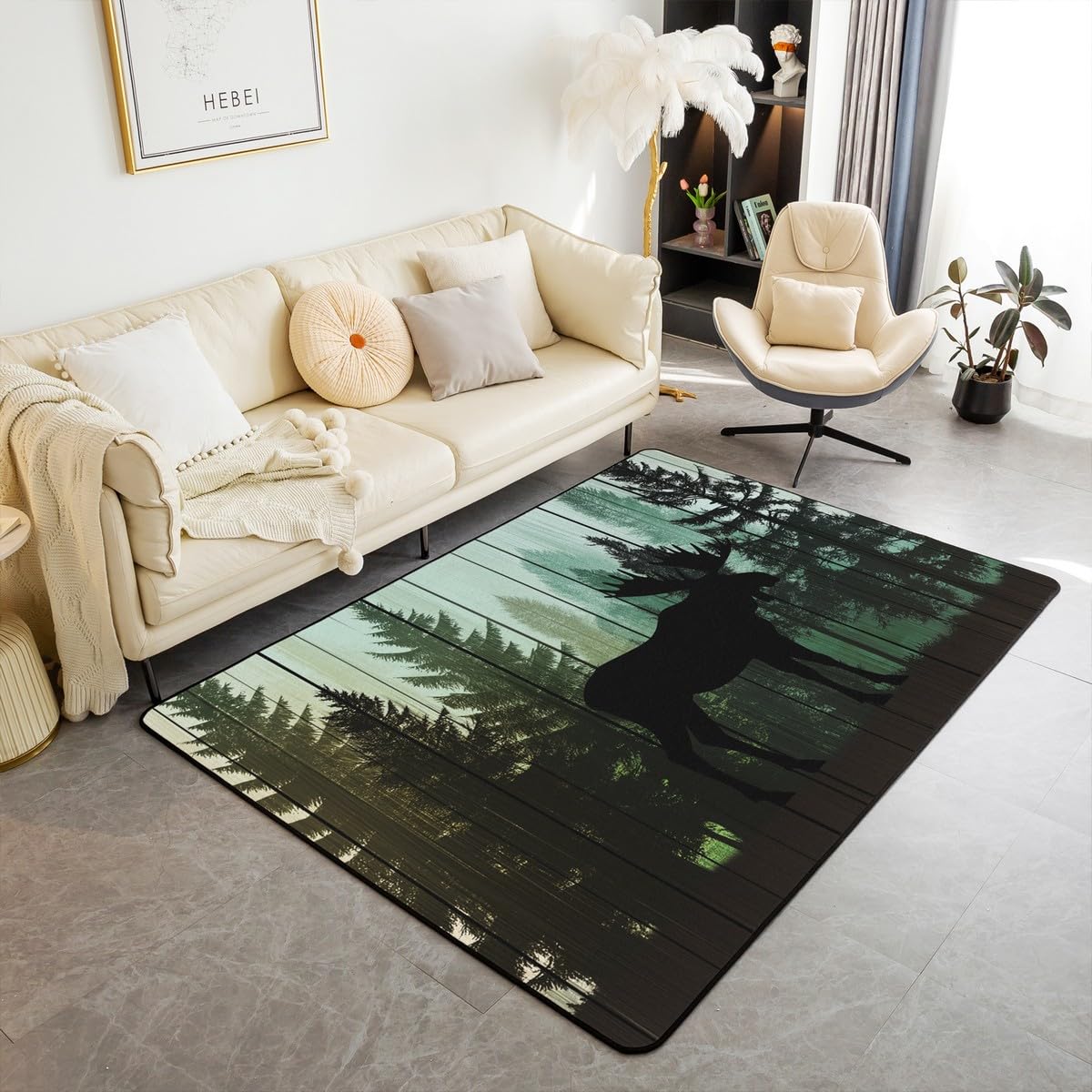 Homewish Dywan łosia 100 x 150 cm, rustykalny dywan leśny sosnowy, nadruk dzikiej przyrody zwierzę wewnętrzna mata podłogowa, vintage drewniana deska dekoracyjny dywan do pokoju zabaw akademika