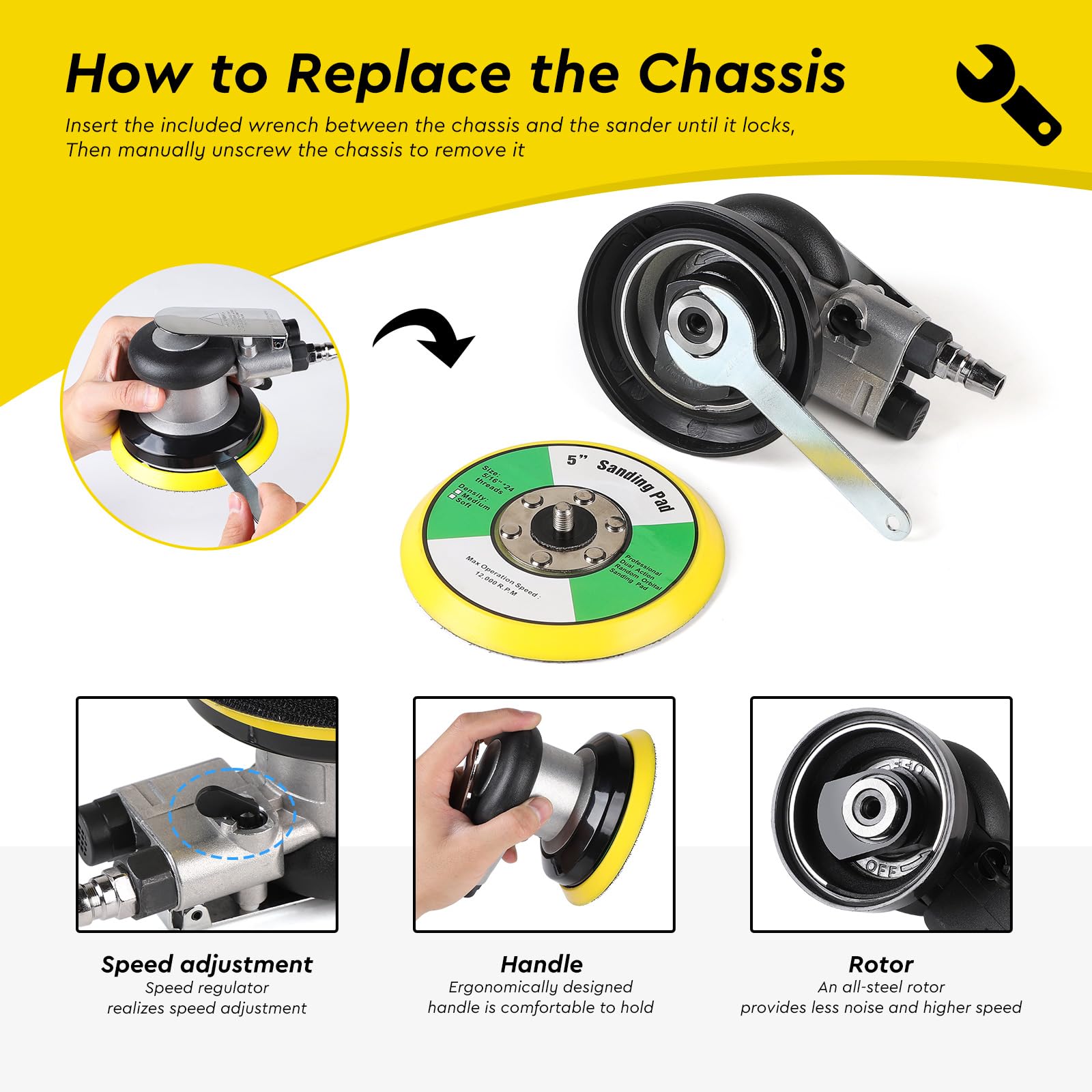 SWAWIS 125mm Lijadora Orbital Neumática, 12000RPM, Excentricidad 5 mm, Accesorios Completos, Lijadora Excéntrica de Aire Comprimido para Lijar y Pulir Superficies de Automóviles Madera y Metal