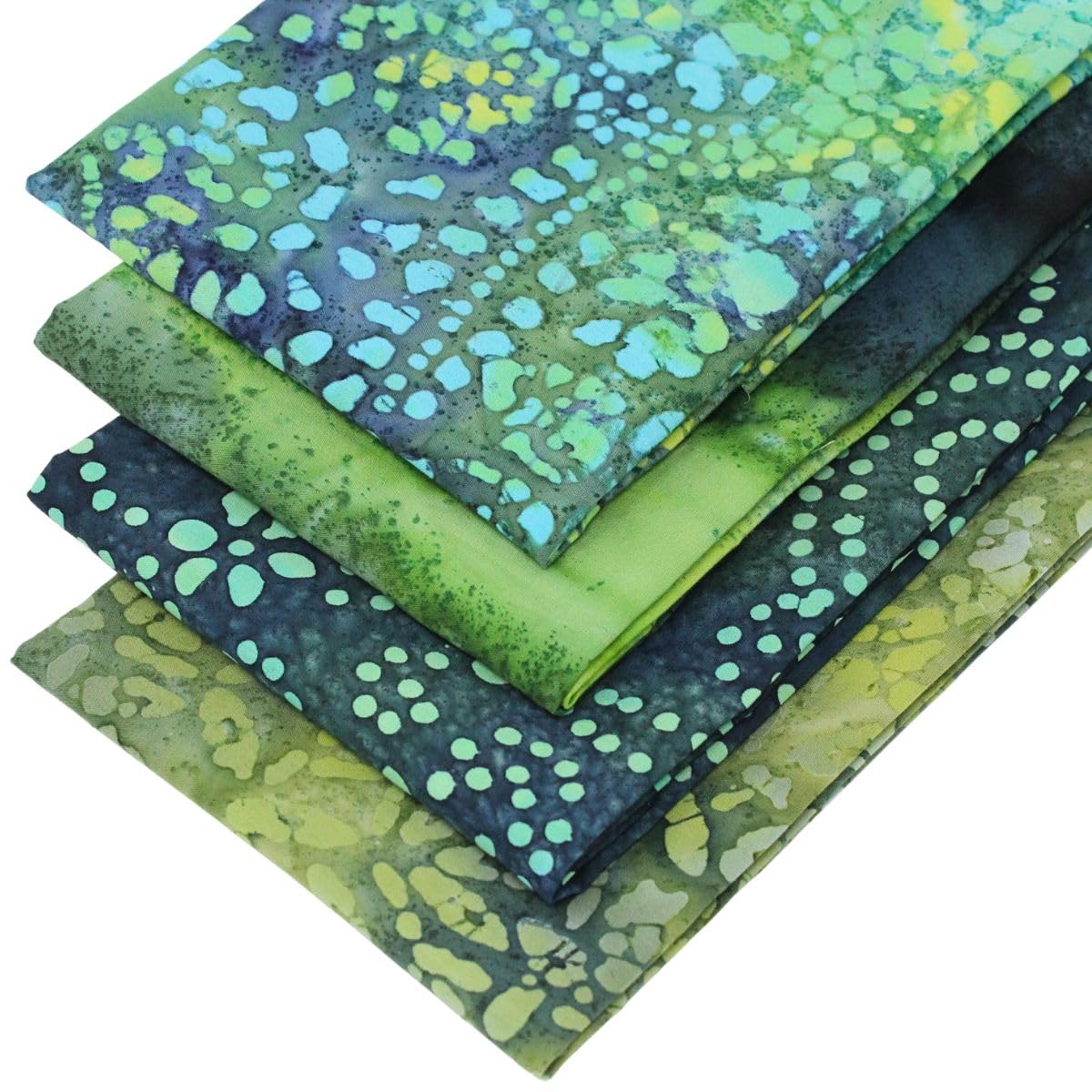 4 Fat Quarters Bundle - 'Leaf Green Batiks' Handcrafted Fabrics in Shades of Green. 100% Cotton for Quilting, Patchwork & Crafting (with Free Patchwork Pattern by Overdale Fabrics)