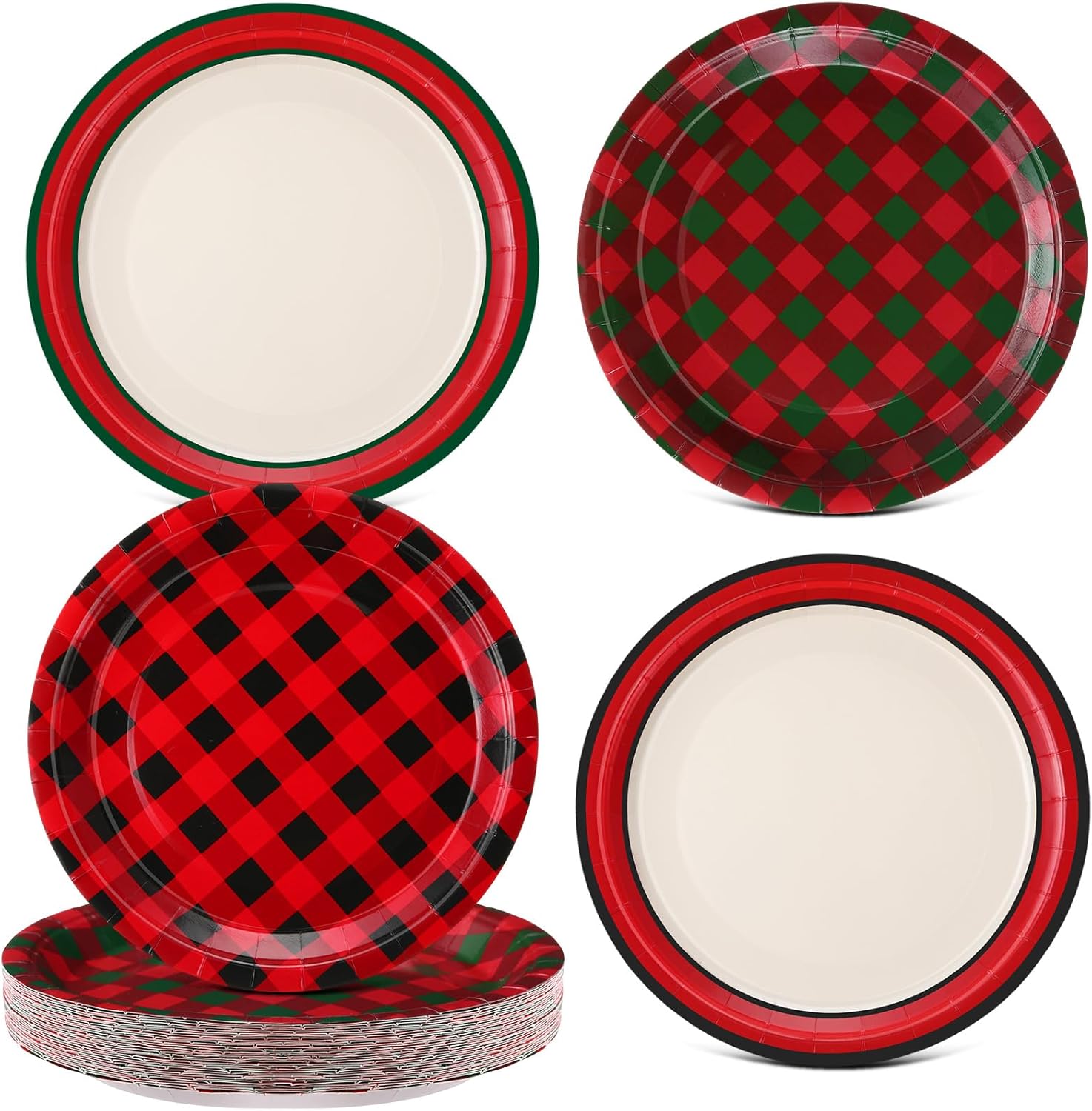 60 Pcs Green Gingham Plates 9 Inch Disposable Checkered Plaid Dinner Paper Dessert Plates for Birthday Baby Shower Wedding Camping Themed Party Supplies, 4 Styles