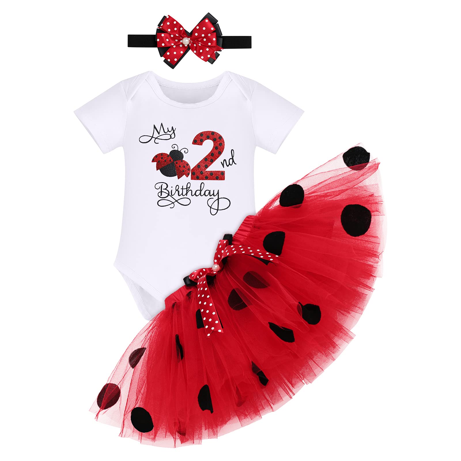 Baby Girls Ladybug 2nd Birthday Outfit Mini Mouse Polka Dot Romper Bodysuit Bowknot Tutu Skirt Dress Cake Smash Outfit Mouse Ears Headband Princess Costume for Photo Shoot Ladybug 2nd Birthday 2 Years