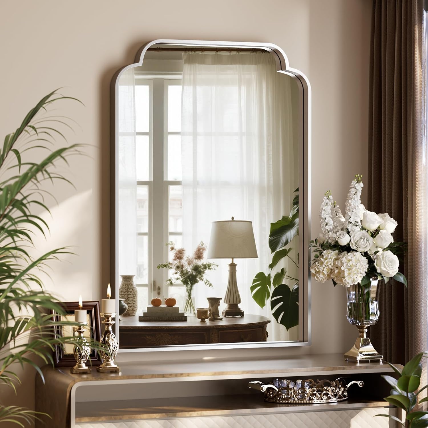 GLSLAND 24"x36" Petal Arch Bathroom Mirror – Modern Metal Frame Vanity Mirror with Scalloped Edge for Over Sink, Bedroom, Living Room, Entryway, Non-Rusting Decorative Wall Mirror, Silver