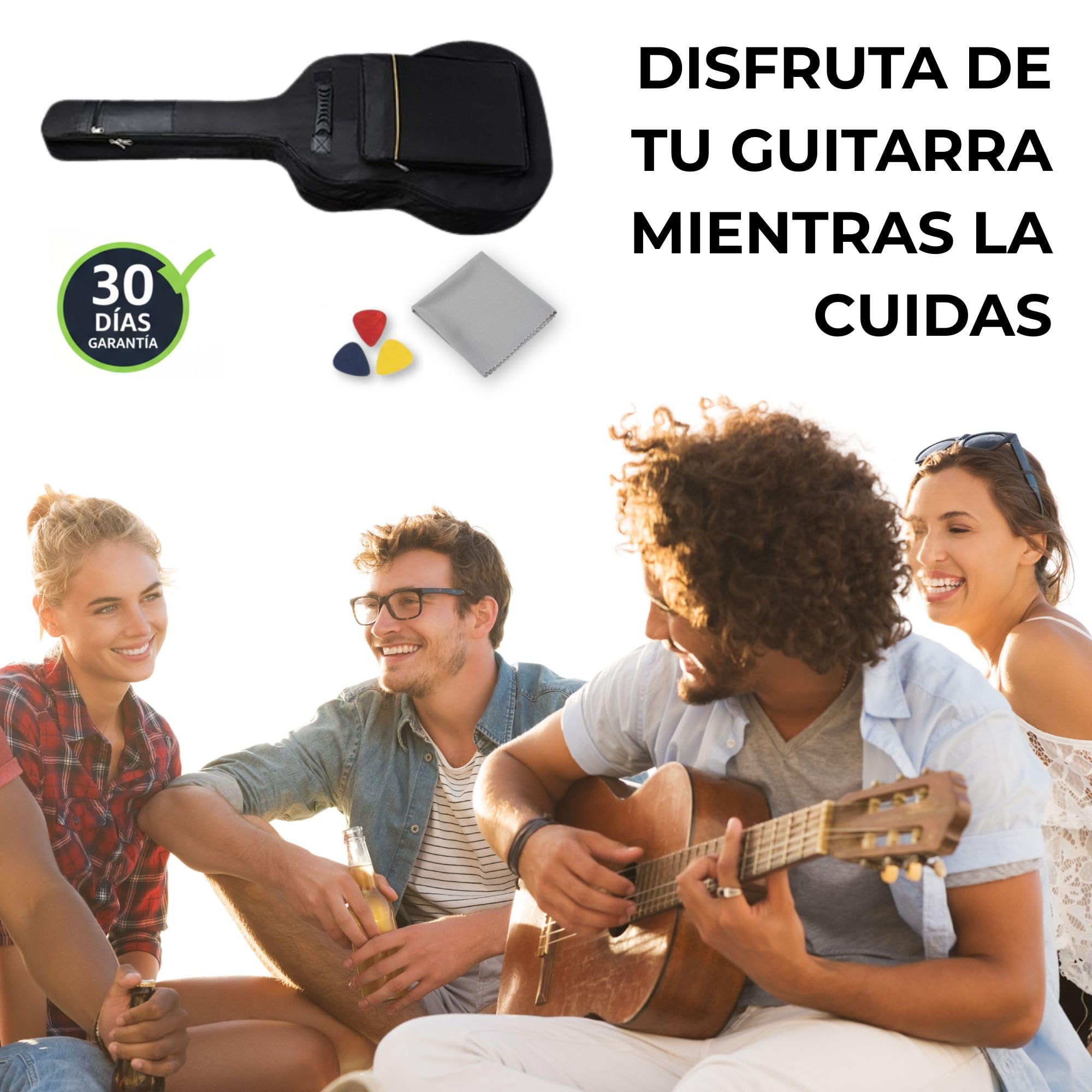 Funda Guitarra española, o acústica – Kit Completo con paño y 3 púas – Protección Acolchada, Ligera y Resistente – Ideal para Empezar cuidando tu Guitarra (Funda de Guitarra Universal, 1)