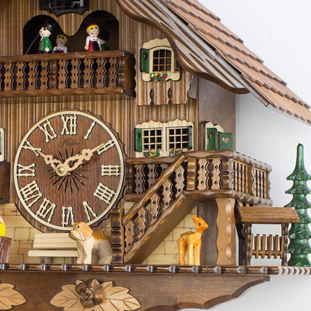 Reloj De Cuco Villa De Madera Maciza Tallada A Mano con Música Y Muñeca Giratoria, Reloj De Pared De Madera De Cuarzo con Volumen Ajustable Y Sensor Nocturno para El Hogar Y La Oficina