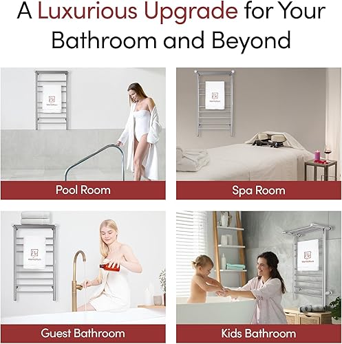 Miniatura 9 de WarmlyYours Calentadores de toallas para baño, toallero térmico montado en la pared con estante, 11 barras de acero inoxidable pulido, 20 x 36