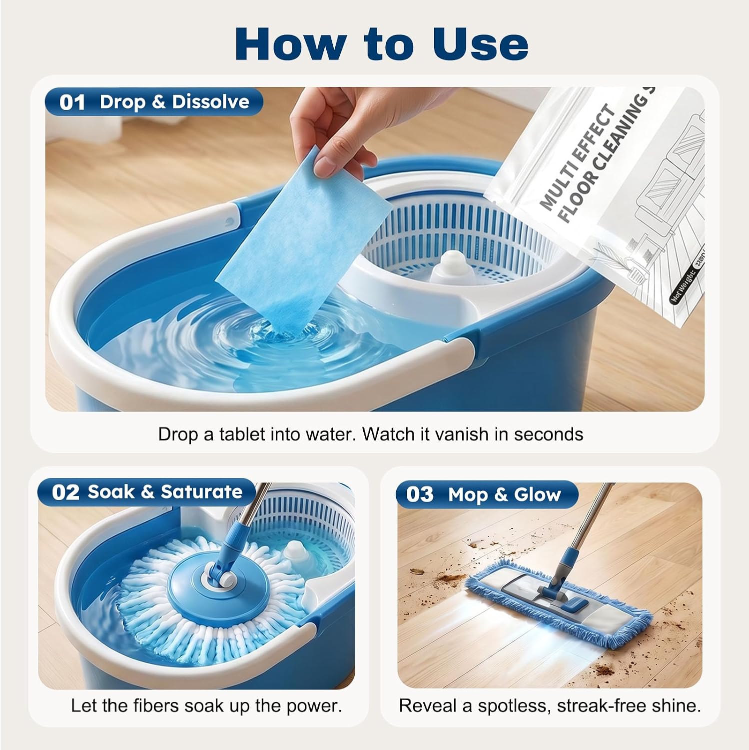 100PCS Multi Effect Floor Cleaner Sheets, Deep Cleaning Floor Sheet Pack | Effect The Floor Clean Tablets for Mopping, Dissolvable Deep Cleaning Floor Sheet for Hardwood Laminate Tile Vinyl (Blue)