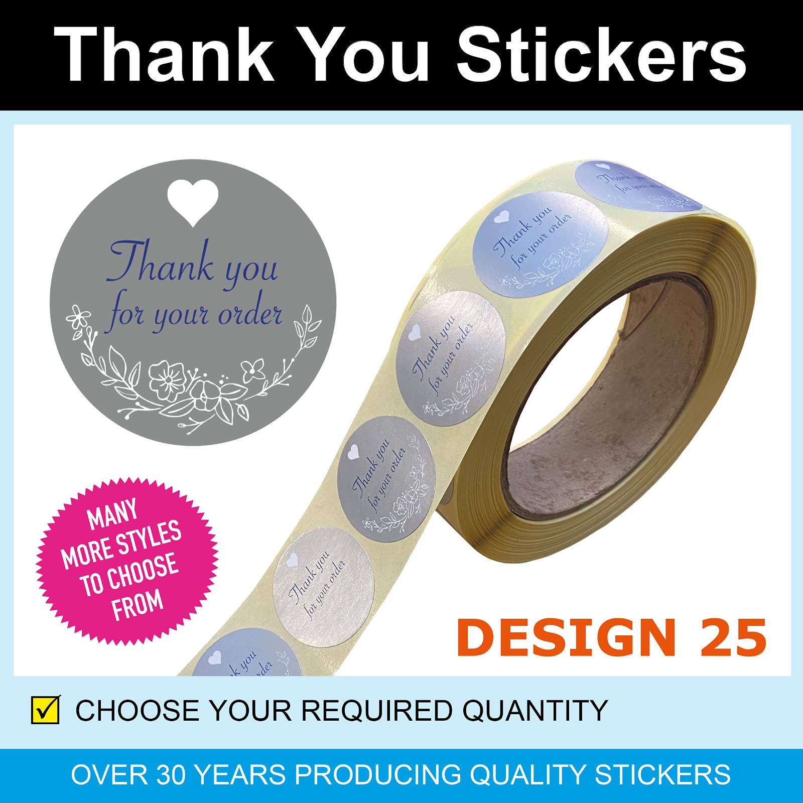 Design Number 25 35mm Thank You Stickers/Labels from Only 99p Professionally Printed in The UK, 1000 Stickers on Roll, Buy 2 - Image 2