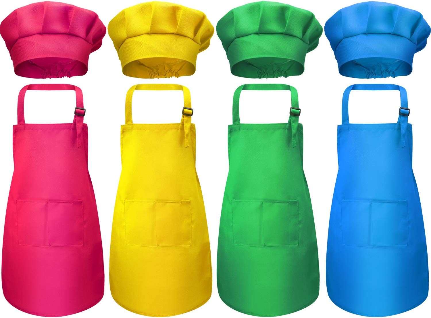 CHENGU 8 Pieces Kids Apron and Chef Hat Set, Boys Girls Adjustable Child Aprons with 2 Pockets Kitchen Bib Aprons for Kitchen Cooking Baking Wear (Medium, Green, Rose-Red, Yellow, Blue)