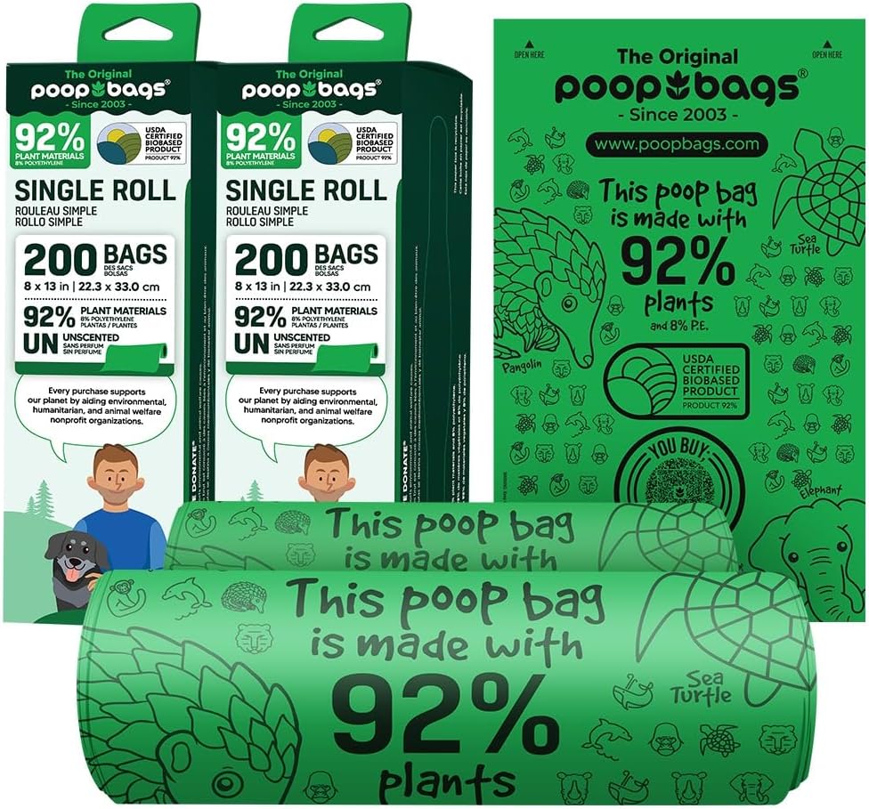 The Original Poop Bags® 92% Plant-Based Dog Waste Bags, USDA Certified Biobased, Extra-Large & Leak-Proof, Single Bulk Roll (400 Count (Pack of 2))