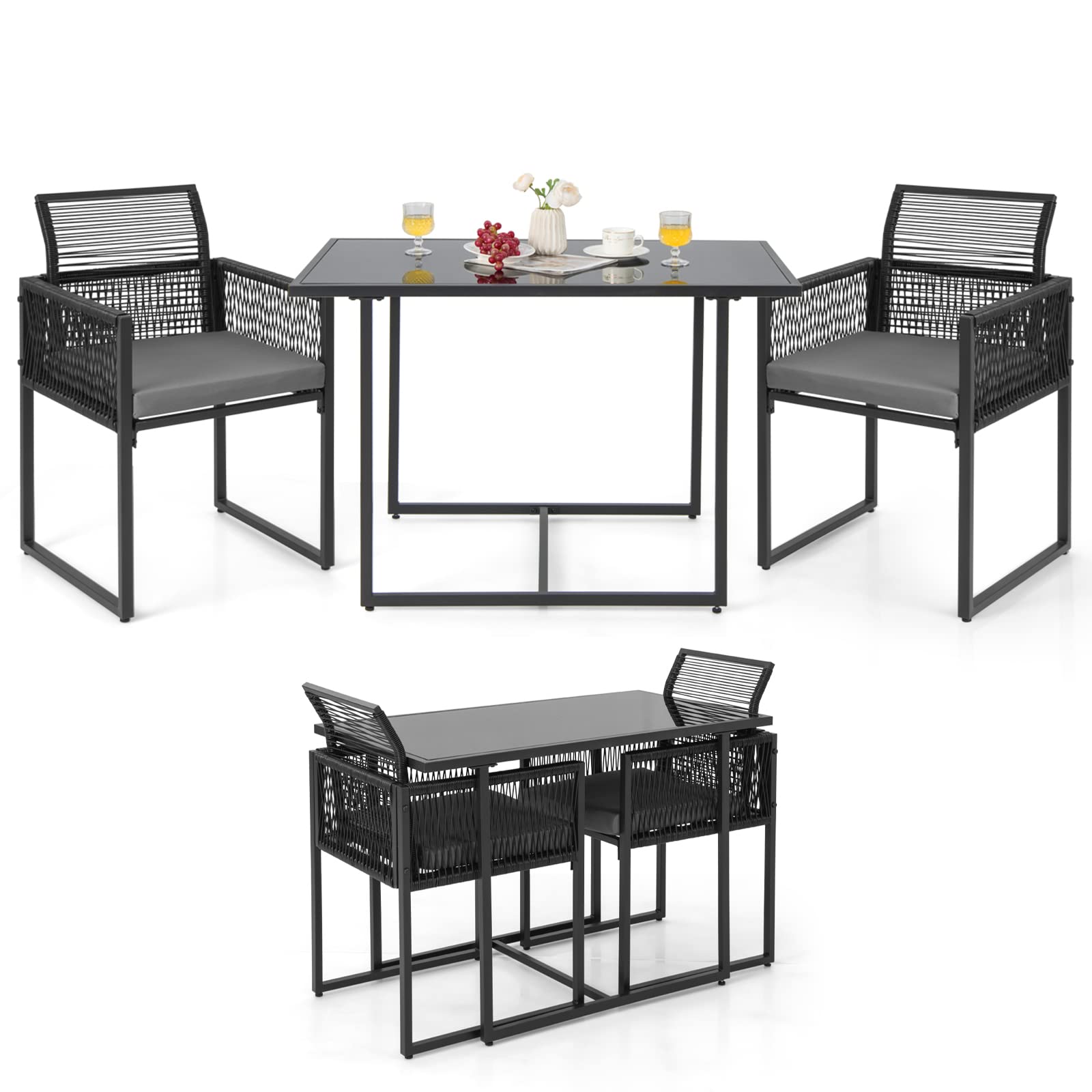 LIFEZEAL Set Giardino da Esterno in Rattan PE, Divanetto con Cuscini Rimovibili e Tavolo in Vetro Temperato, Poltrone da Giardino con Tavolino, Salottino per Balcone e Terrazza, Poltrone per Pranzo