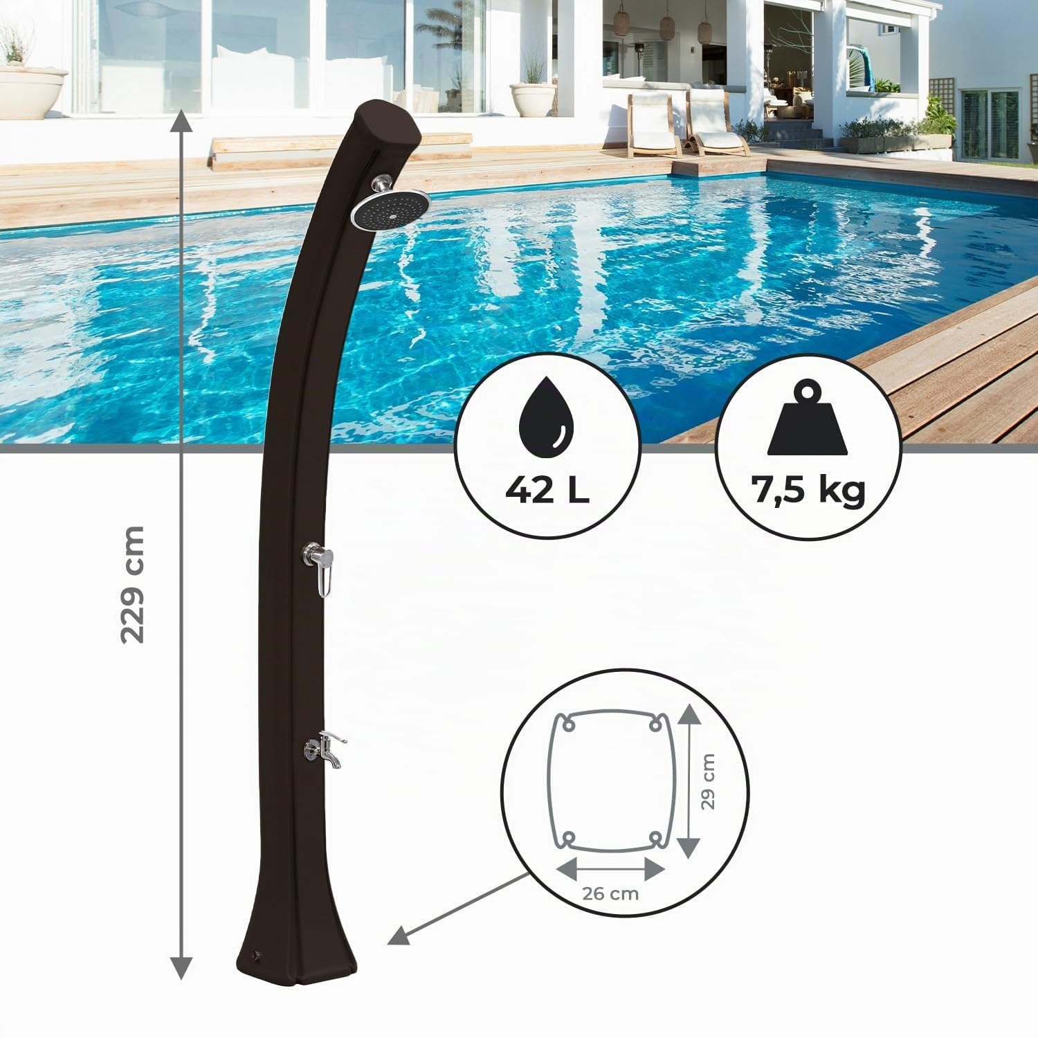 Formidra - Confezione doccia solare Happy 4x4 44L con rivestimento - Antracite - Doccia esterna Piscina e Giardino - DS-H422NOCOV - 26 x 29 x 229 cm