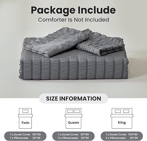 Miniatura 8 de WARMDERN Juego de funda de edredón tamaño Queen, 3 piezas de microfibra lavada gris, juego de ropa de cama suave y transpirable con textura a rayas