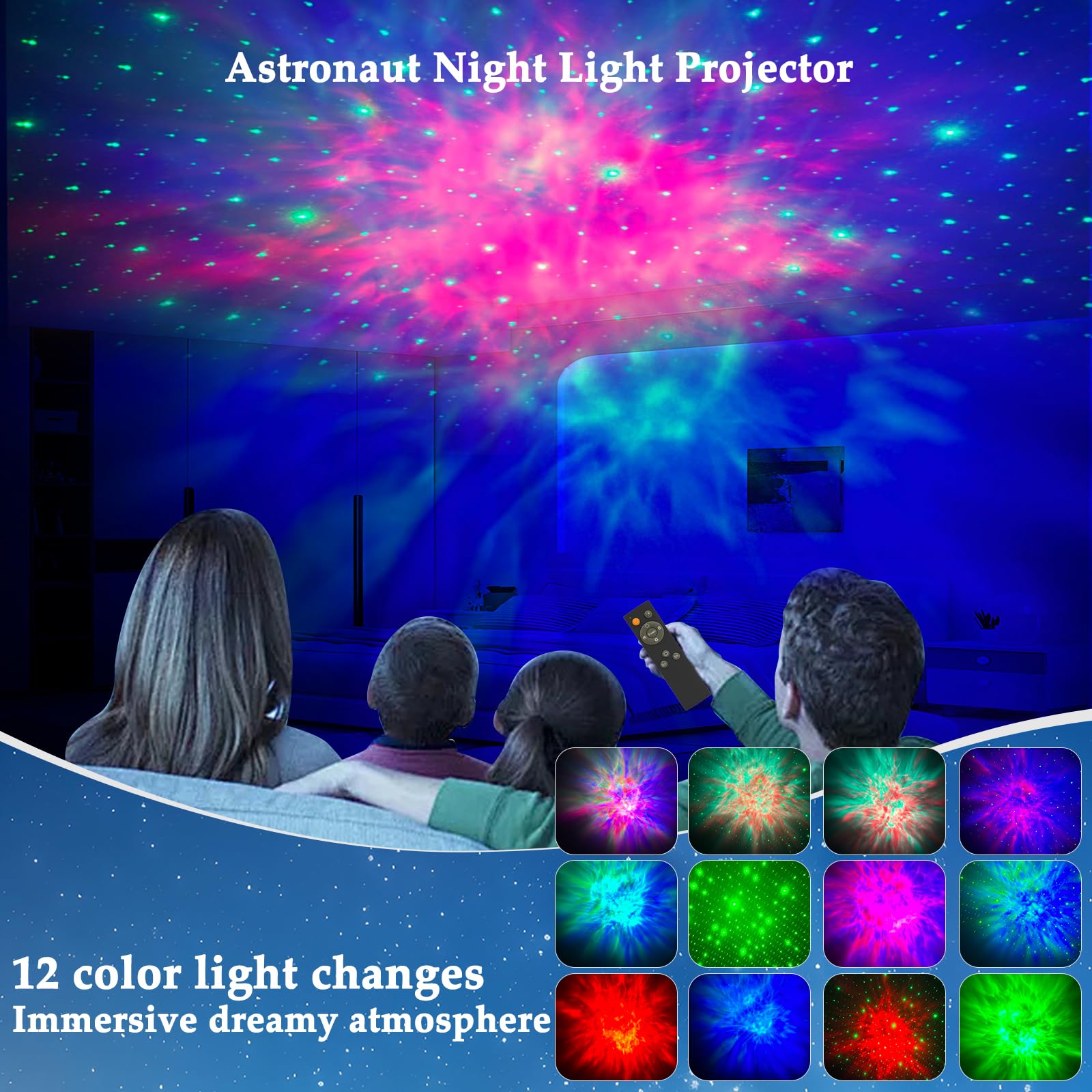 Lampada LED Gatto Astronauta Proiettore Stelle,Proiettore Lampada LED Ricaricabile per Bambini Girevole a 360°,Luce Notturna Neonato Soffitto Con 12 Effetti Di Luce,Telecomando,Cavo Dati USB