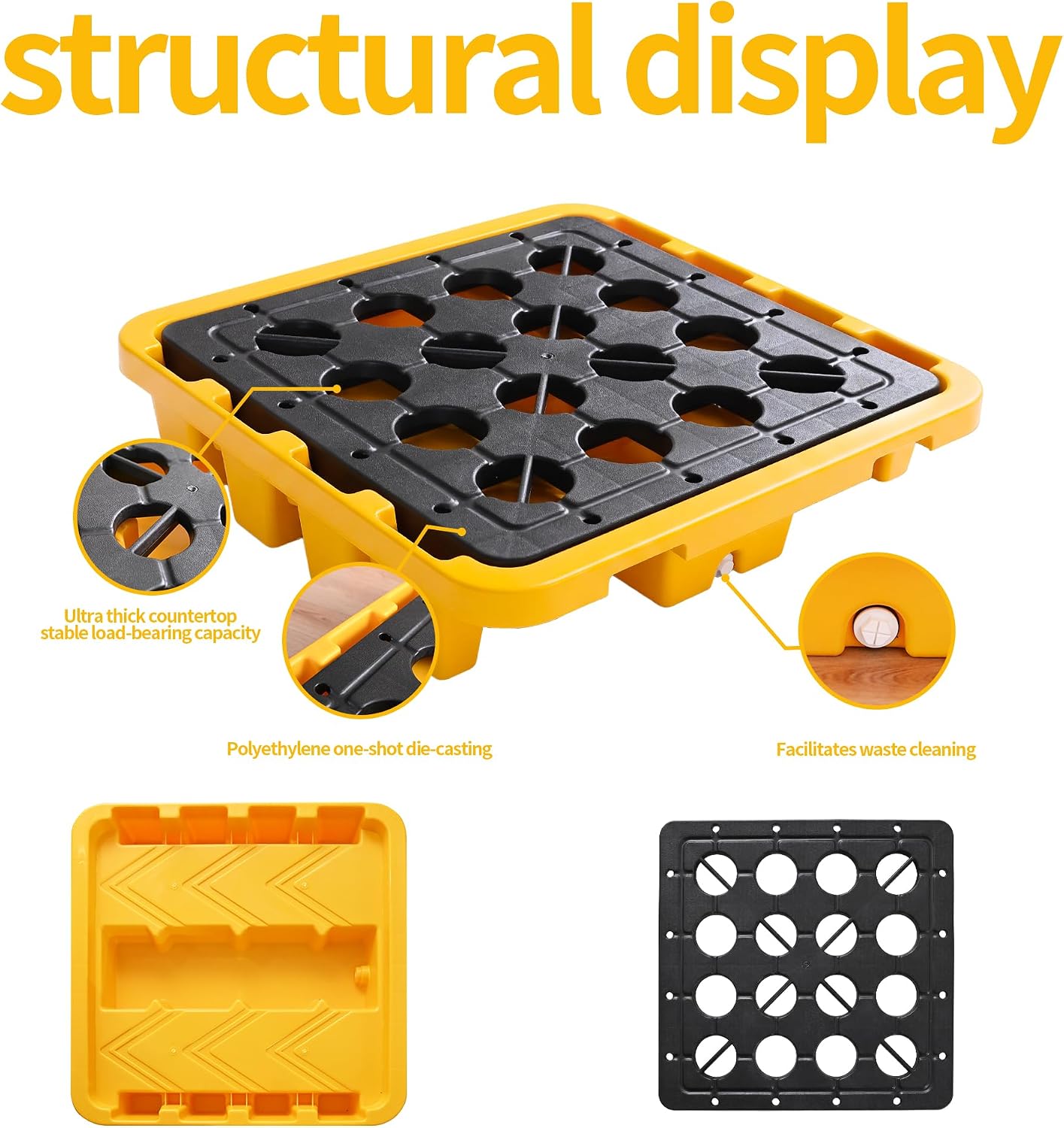 Spill Containment Pallet | 28.35x28.35x6.3 in | Industrial Stackable Modular with Grating & Drain Outlet, Yellow