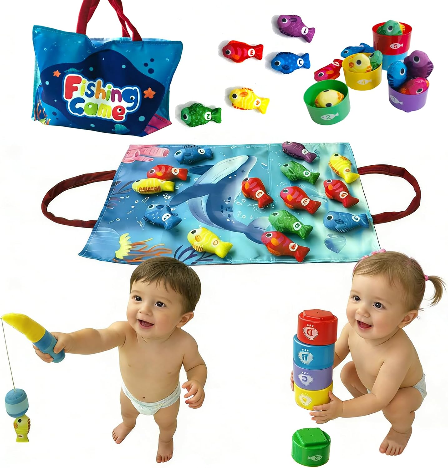 Fishing Game Toy Set for Toddlers, Colorful Fish Figures with Magnetic Rod, Stacking Cups, Play Mat, and Carry Bag
