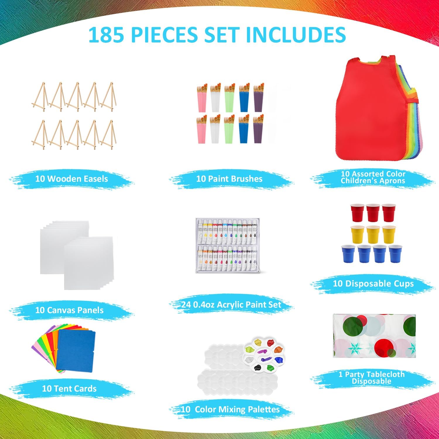 Rabbitale 185 Pcs Art Painting Kit Supplies Set for Party - 100 Paint Brushes, 24 Acrylic Paints, 10 Wood Easels & Canvas Panels & Palettes & Aprons & Wash Pen Cup, 1 Plastic Tablecloth