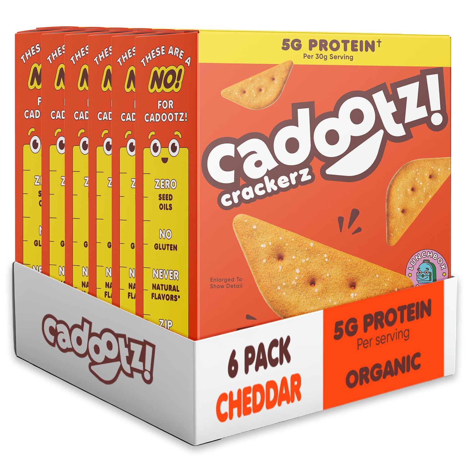 cadootz! - Cheddar - Organic Kids Protein Crackers - 5g Protein Snack, Clean Label, Gluten Free, No Seed Oils, No Artificial Dyes - Healthy School Lunch Snack for Kids - 6 Pack