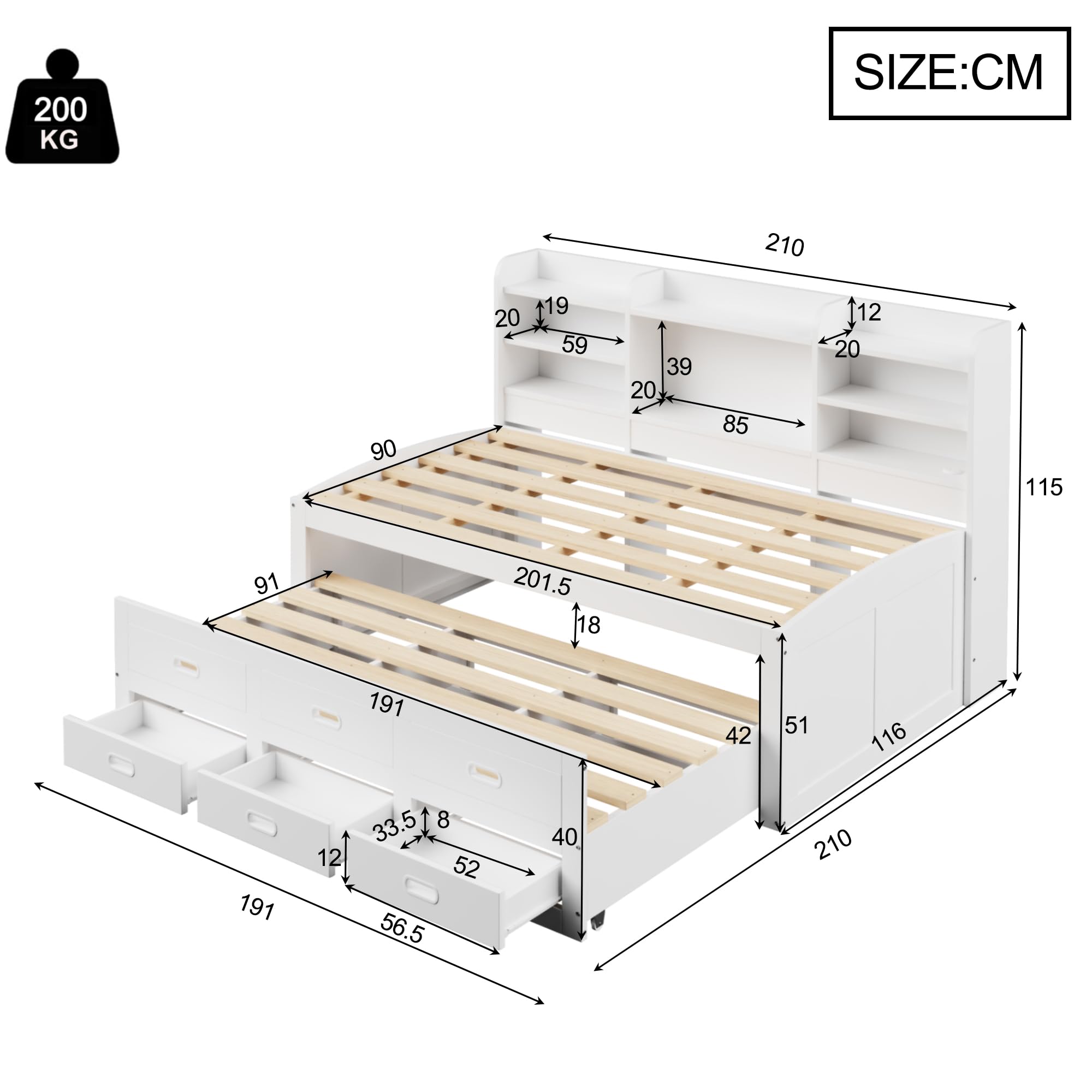 Lit Avec Rangement Lit Enfant 90x200 Cm Avec Tiroirs étagère Et Banc De Rangement Blanc 94167078
