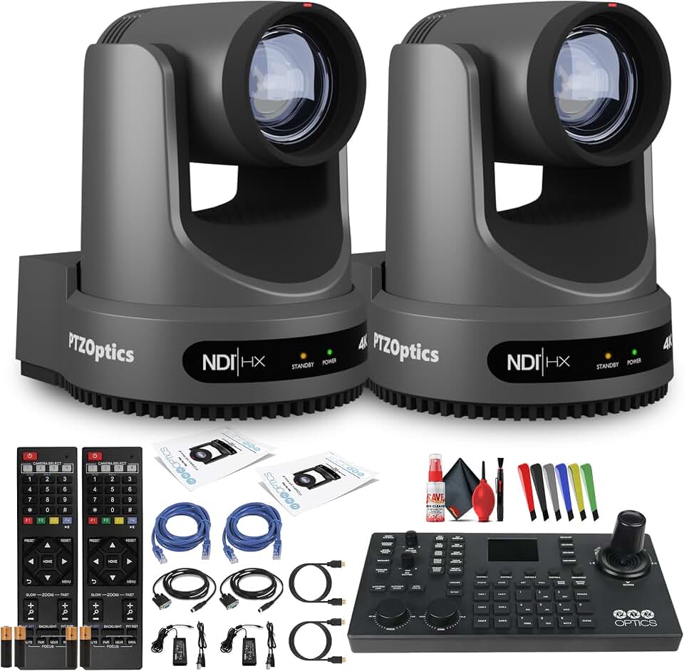 PTZOptics Move 4K SDI/HDMI/USB/IP PTZ Camera with 20x Optical Zoom (Gray) (PT20X-4K-GY-G3) (2-Pack) + SuperJoy PTZ Joystick Controller + Lens Cleaning Kit + HDMI Cable + Ethernet Cable + Wire Ties