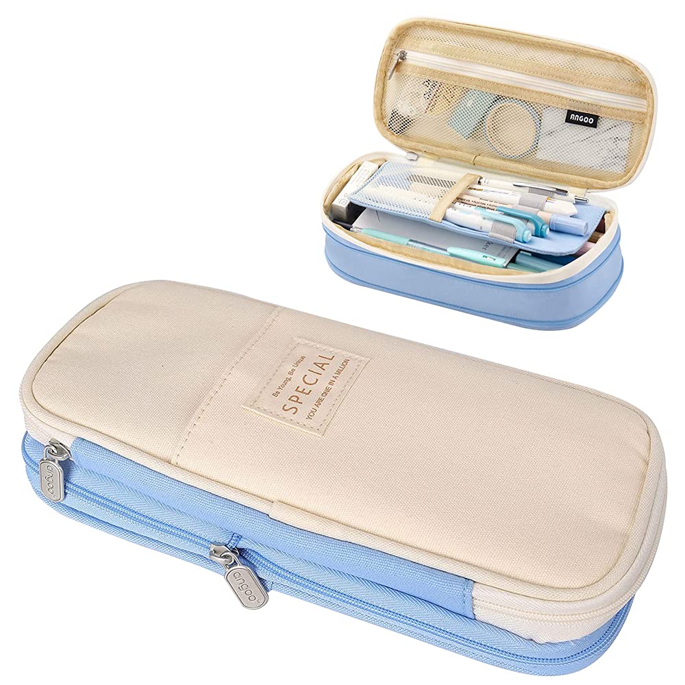 HIQE-FL Estuche Escolar Expandible para Lápices de Gran Capacidad, Estuche Grande de Lona Multifuncional (Azul)