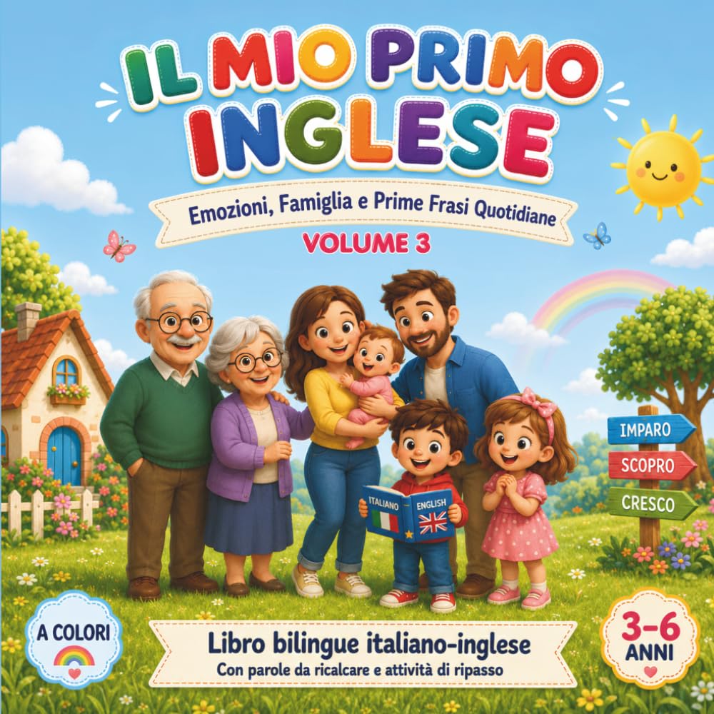Il Mio Primo Inglese: Libro bilingue italiano-inglese per bambini 3-6 anni, emozioni, famiglia e prime frasi quotidiane, parole da ricalcare, pregrafismo, immagini a colori e attività di ripasso