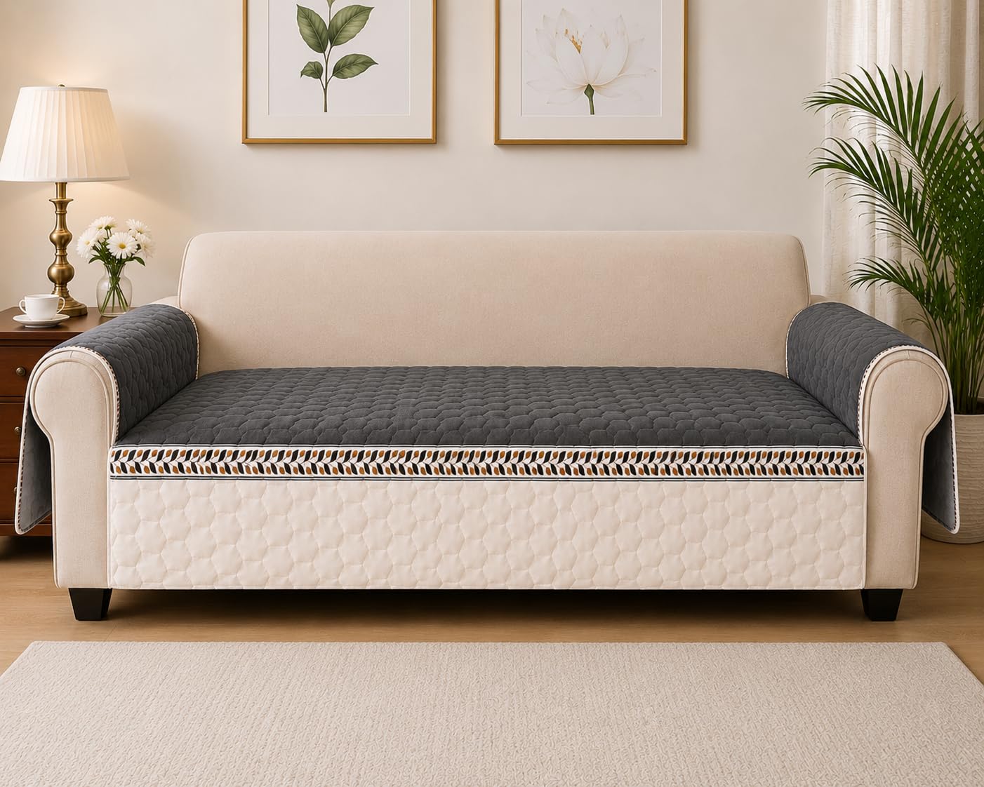 Premium Quilted Velvet Sofa Cover for 3 Seater | Reversible Anti-Slip Sofa Protector | Soft, Washable, Pet Friendly Furniture Cover Cream Beige-picture-23