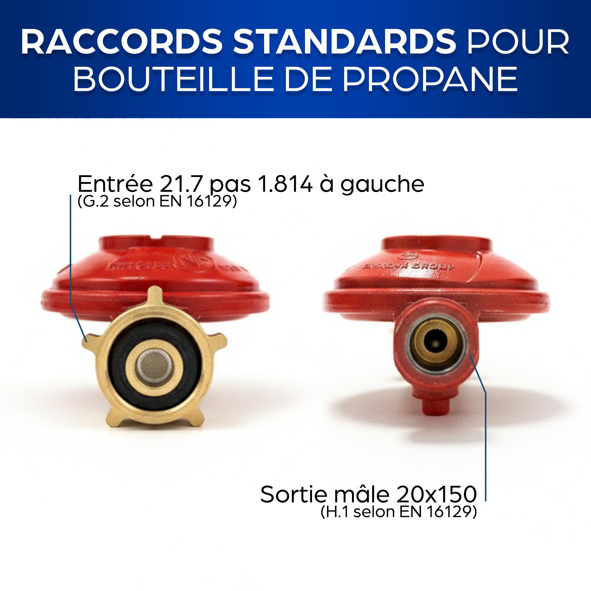 Détendeur Gaz Propane 37 Mbar avec Sécurité Excès de Débit – Raccord G.2 Bouteille 13 Kg ou 35 Kg – Sortie Filetée 20x150 – Débit 1,5 Kg/h – Pour Barbecue, Plancha, Chauffage – Conforme NF En 16129
