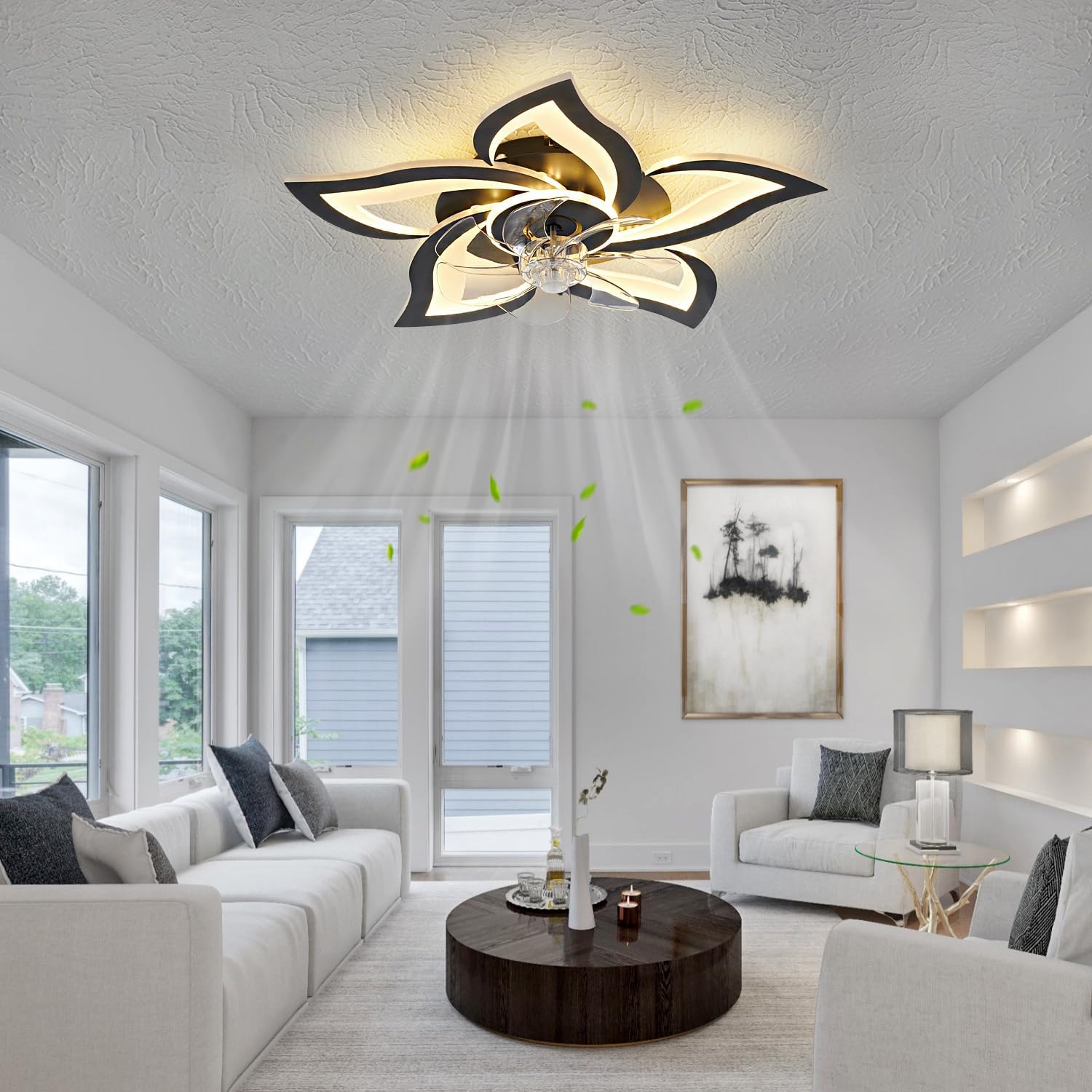Black Flower Modern CeilingFans with Lights, Low Profile Ceiling Fan with Remote for Bedroom, Flush Mount Ceiling Fan with LED Dimmable Light,6-Speeds, Timing CeilingFan Light