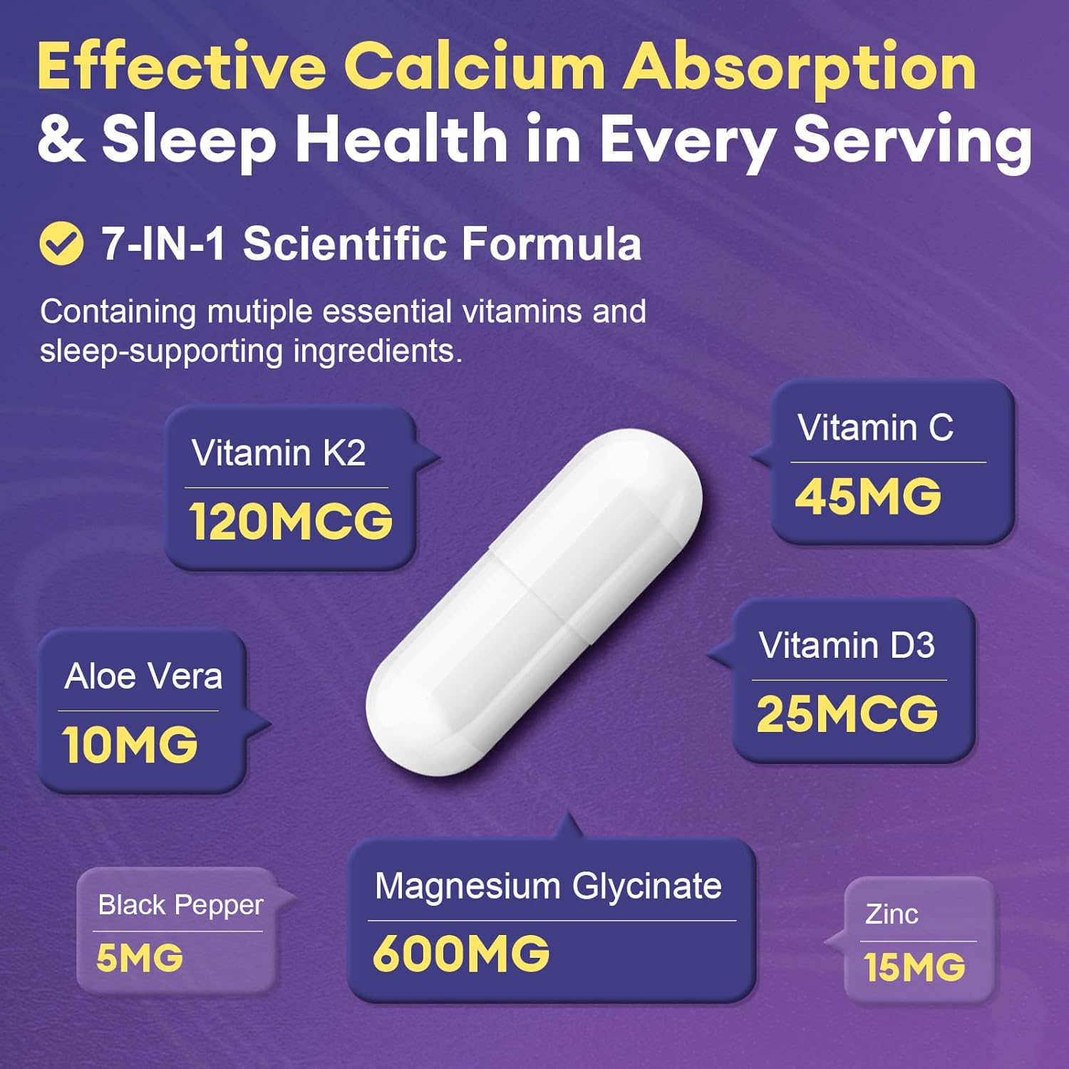 Magnesium Glycinate 600mg Vitamin D3 K2 Supplement with Vitamin C, Zinc, & Aloe Vera - Bone Support, Energy & Mood Manage & Sleep Health for Men & Women, Non-GMO, Vegan, 120 Capsules