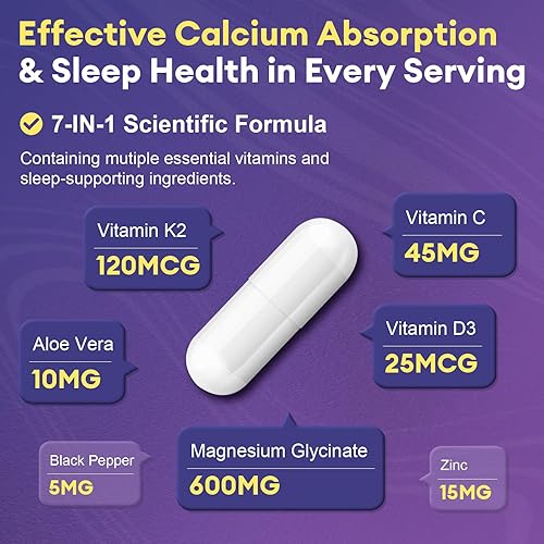 Miniatura 3 de Glicinato de magnesio 600 mg Vitamina D3 K2 Suplemento con zinc, L-teanina y melatonina - Apoyo óseo, energía y control del estado de ánimo, salud