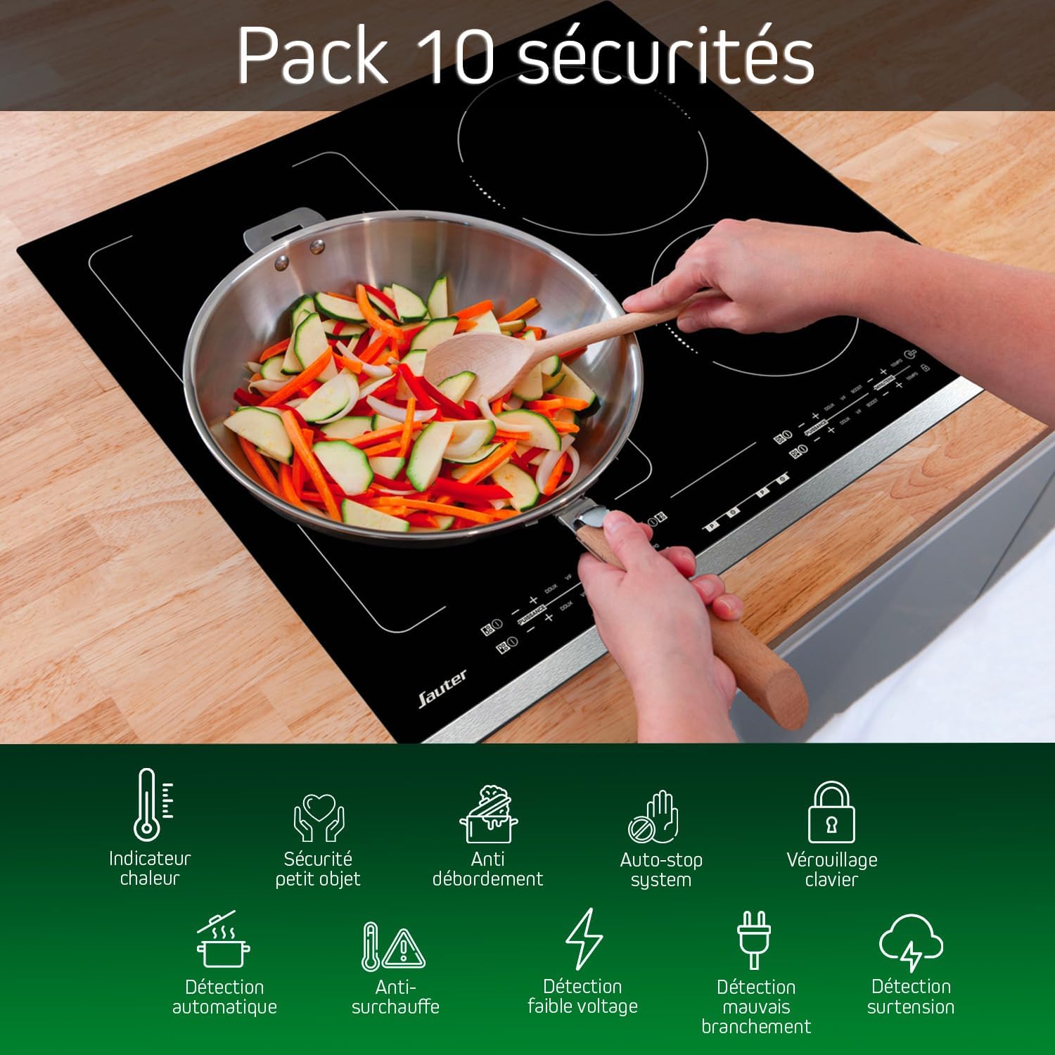 Diagram illustrating 10 safety features of the induction hob: heat indicator, small object safety, anti-overflow, auto-stop, keypad lock, automatic detection, anti-overheating, low voltage detection, incorrect connection detection, overvoltage erin.