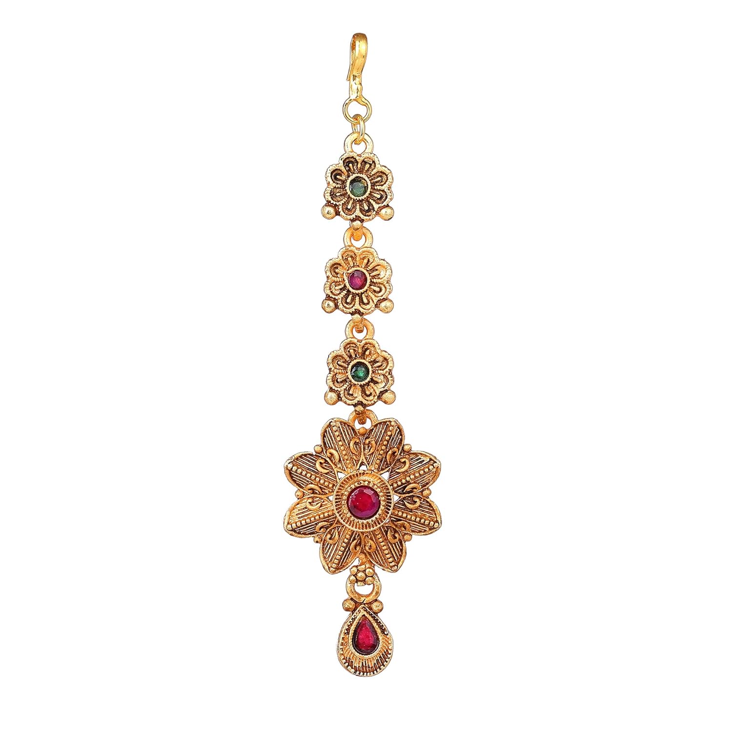 Estele Maang Tikaa for Women Gold Plated Stunning Floral Designer Matte Finish Ethnic Maang Tikka With Green and Ruby Crystals for Girls and Women-036-IGGNRB TIKAA