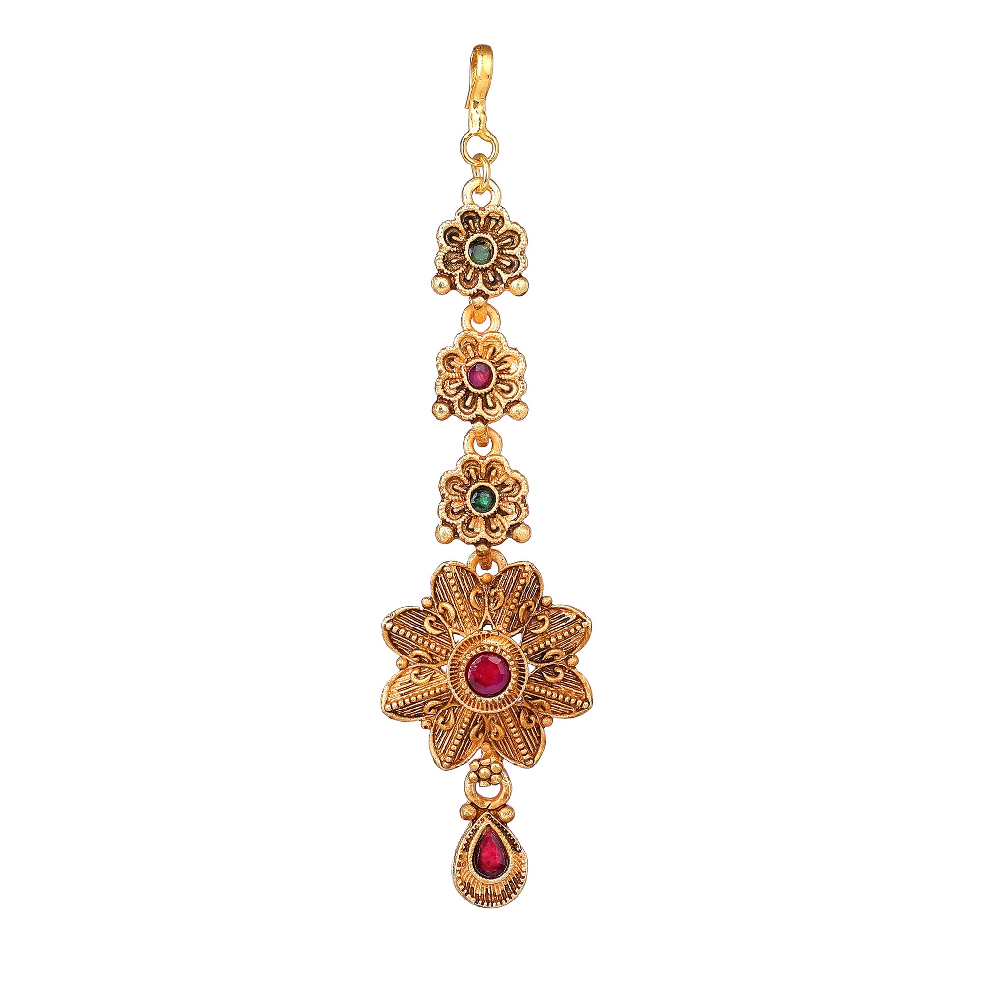 Maang Tikaa for Women Gold Plated Stunning Floral Designer Matte Finish Ethnic Maang Tikka With Green and Ruby Crystals for Girls and Women-036-IGGNRB TIKAA