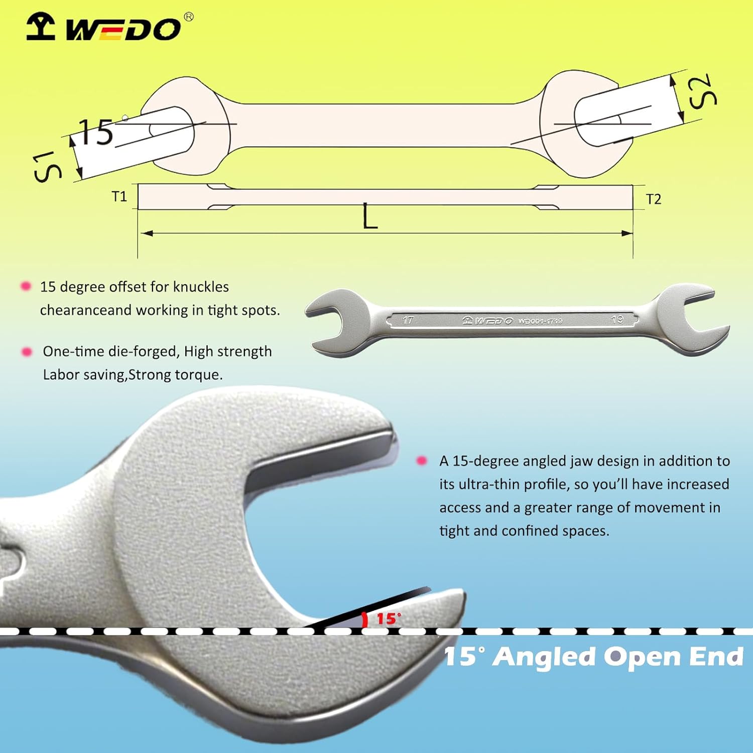 WEDO Double Open End Wrench, Open Ended Spanner, Metric, CR-V, Size 13x16mm,Length 185mm, Die-forged,Anti-Corrosion,High Strength,DIN Standard