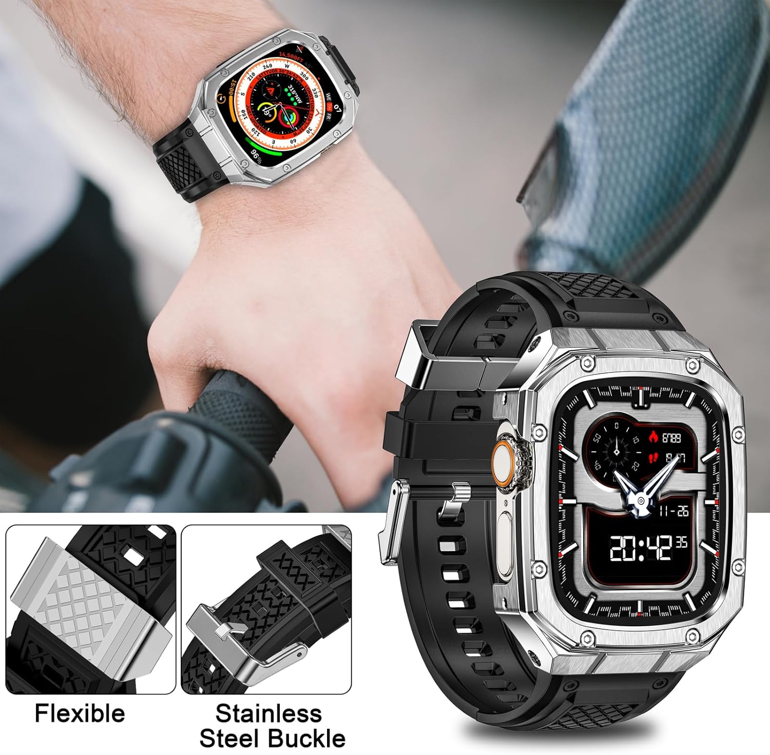 SUPLINK Stainless Steel Case Sport Bands Compatible with Apple Watch Ultra 2 Band/Apple Watch Ultra Bands 49mm Mens,Rugged Cover Protective Bumper Soft Silicone Strap for iWatch Band Silver - Image 2