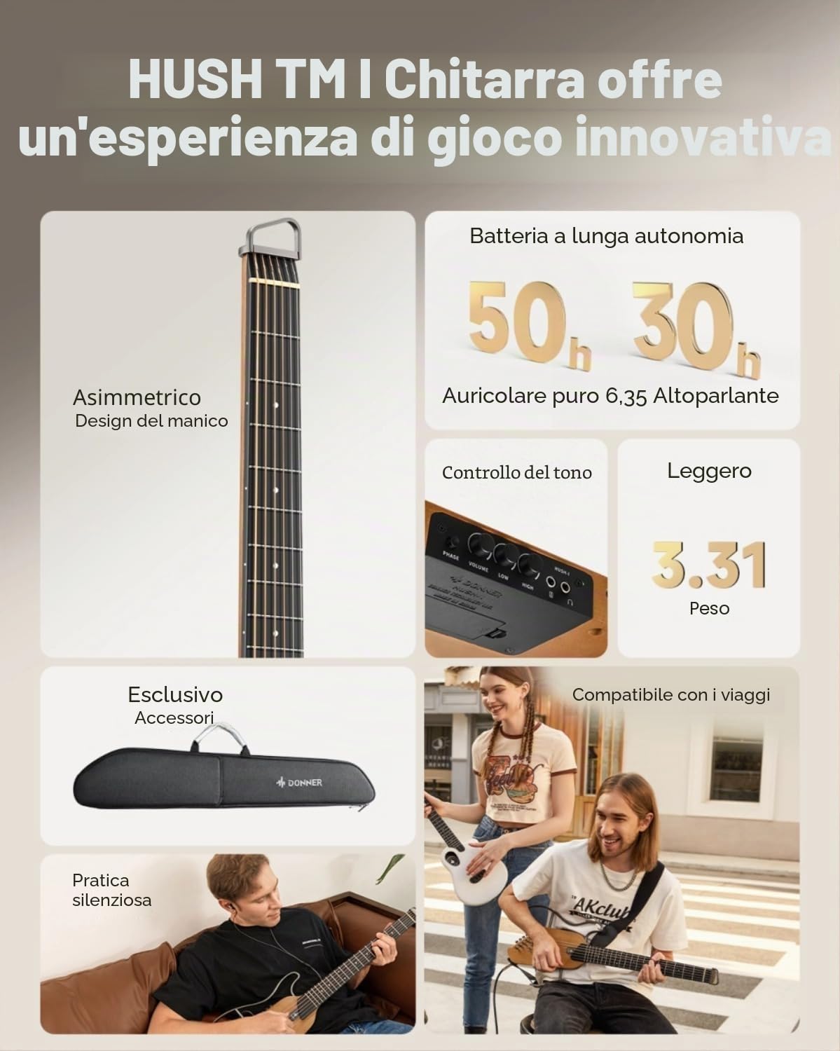 Donner HUSH-I Chitarra Portatile Senza Testa Acustica-Elettrica Ultra-Leggera Silenziosa Viaggi Corpo Acero Telai Rimovibili Custodia Morbida Accessori