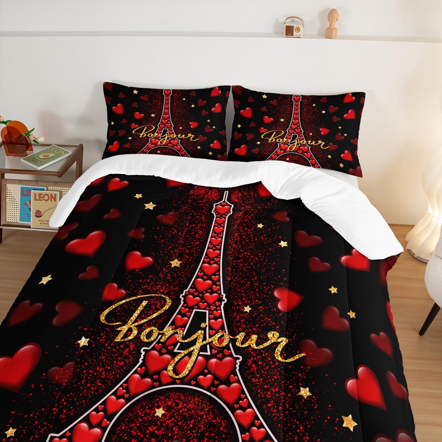 Eiffel Tower King Size Comforter Sets,Red Loving Heart Romantic Couple Bedding Set,Paris Bedding Comforter Sets for Women Room Eiffel Tower Decor with 2 Pillowcases.