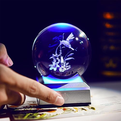 Miniatura 4 de Bola de cristal de colibrí de 3.150 in con base de luz LED, figura de colibrí láser de vidrio 3D, decoración de luz nocturna para el hogar, oficina,