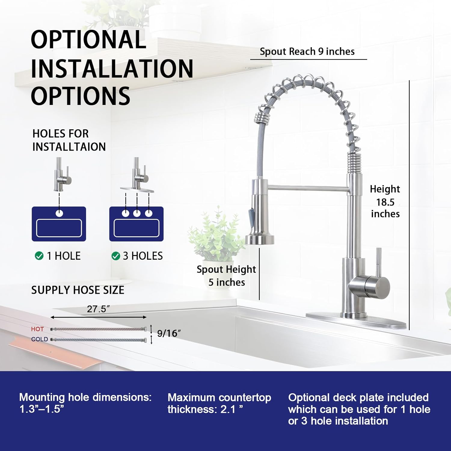 VAPSINT Kitchen Faucet with Pull Down Sprayer, Brushed Nickel Stainless Steel Single Handle Spring Sink Faucet 1 or 3 Hole,Dual Function Kitchen Faucets for Farmhouse Laundry RV Wet Bar, VAP-BY007