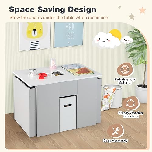 Miniatura 5 de HONEY JOY Juego de mesa y silla para niños, mesa convertible para niños y 2 bancos y estantería organizadora de almacenamiento de juguetes de 4