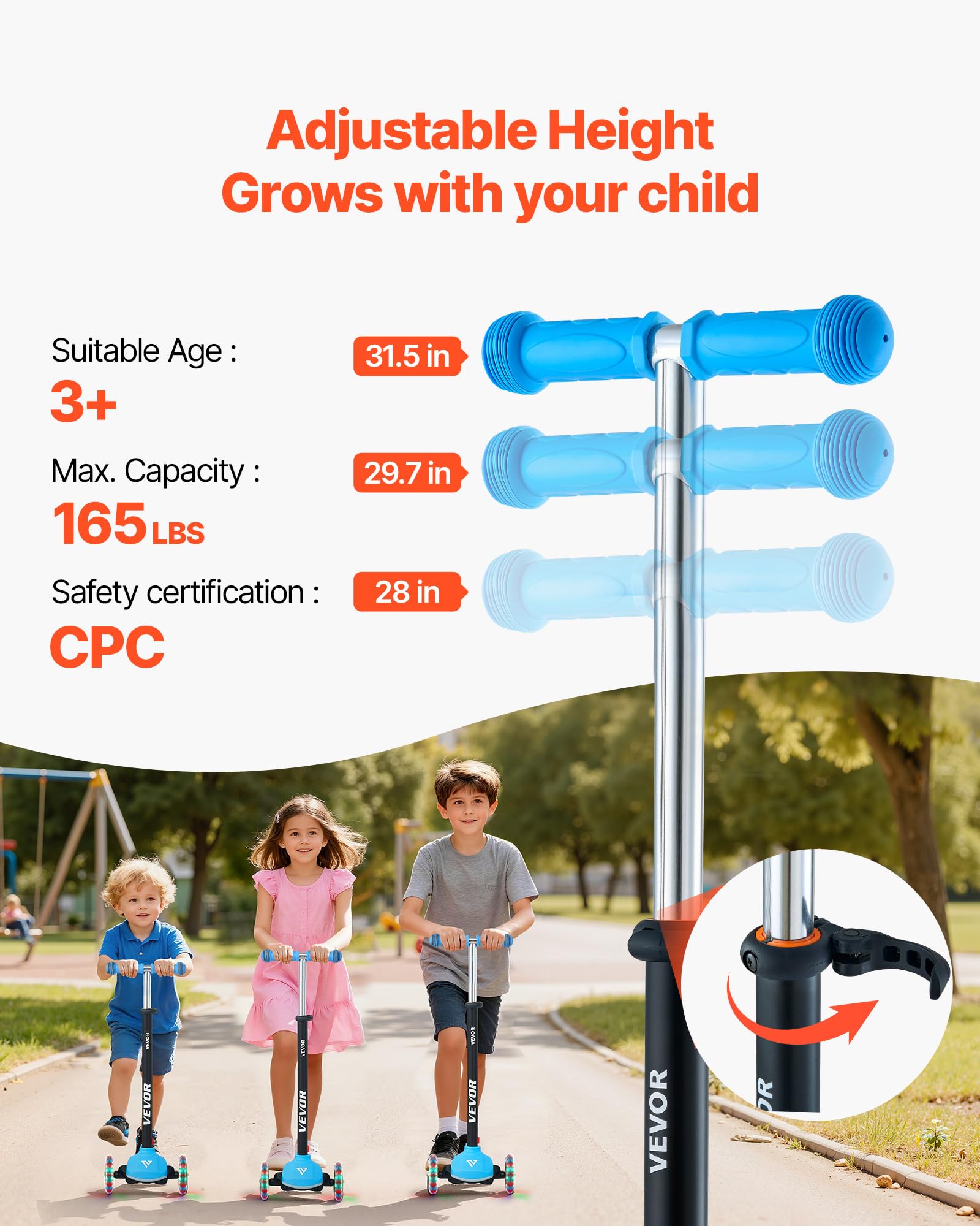 VEVOR Monopattino con 3 Ruote per Bambini da 3 Anni, Monopattino Carico max. 75kg 3 Altezze 710/755/800 mm, Ruote Luminose φ120 mm, Manico Antiscivolo, Pedana Antiscivolo, Blu