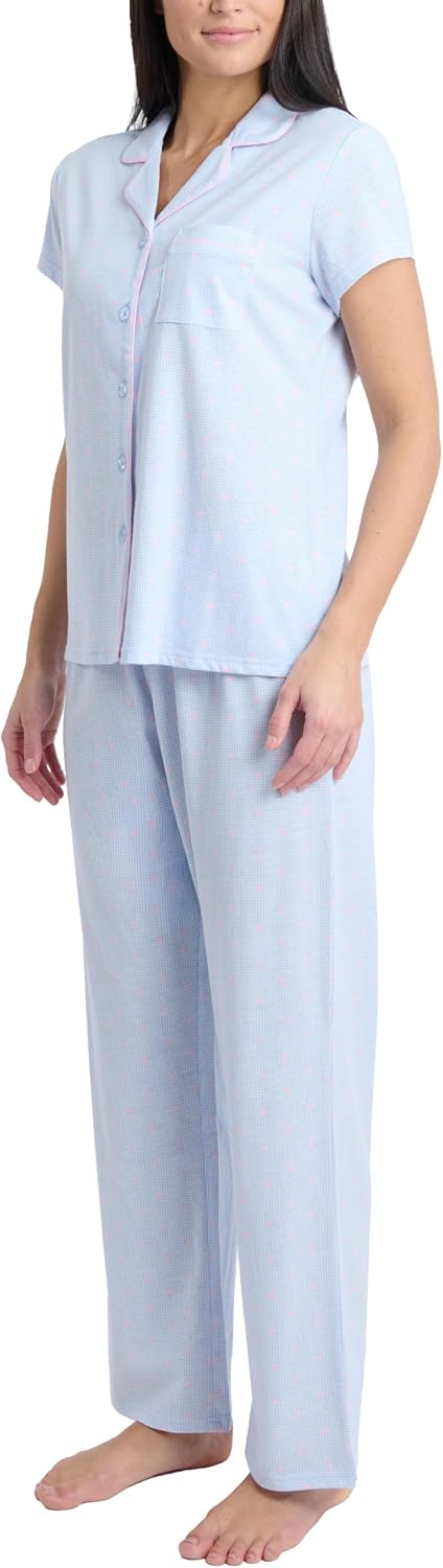 Laura Ashley Women's Pajamas 2 Piece Cotton Blend Notch Collar Button Down PJ Set