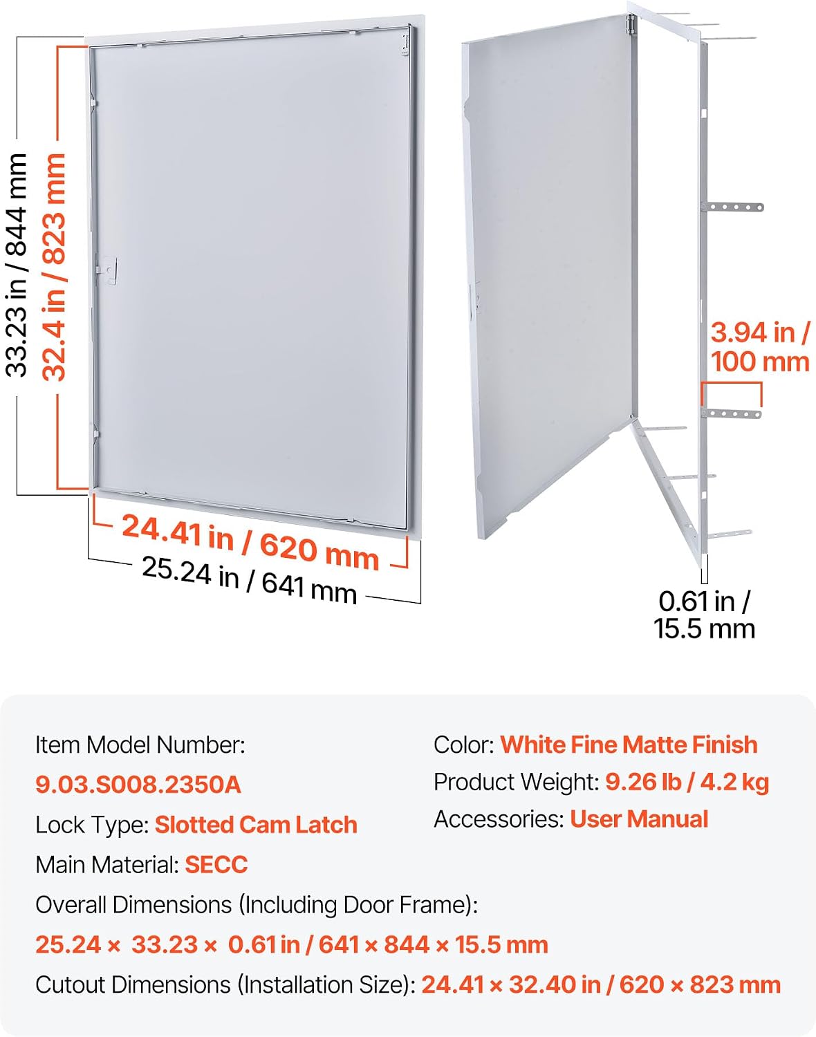 VEVOR Access Panel for Drywall, 33.2 x 25.2 in Galvanized Steel Access Door, Easy Install Hinged Service Panel with Screwdriver Latch, for Ceiling Plumbing Electrical, 24.4 x 32.4 in Cutout Size White